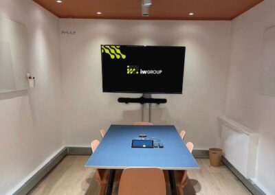 Meeting Room with TV screen showing iwGROUP logo