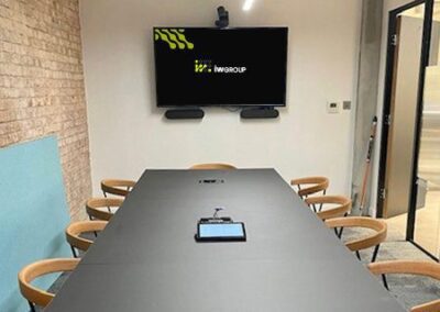 Meeting Room with Audio Visual kit and TV screen showing iwGROUP logo