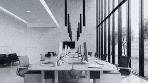 Interior modern open office space with meeting table