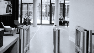 Access control entry in modern office lobby