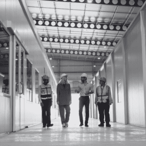 Team of property maintenance engineers walking with client in commercial property