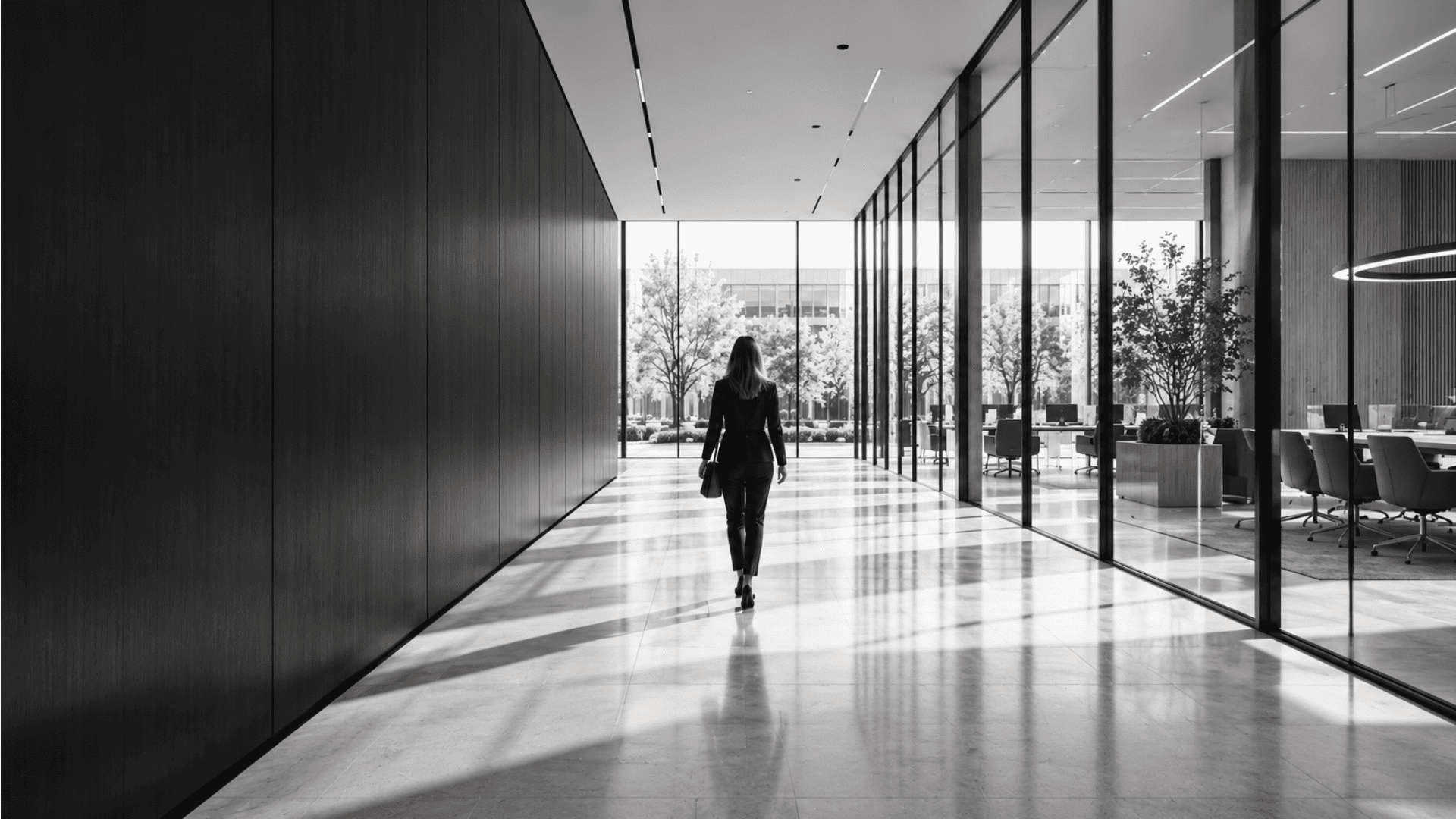 Team member thinking about strategy, walking in a modern office corridor